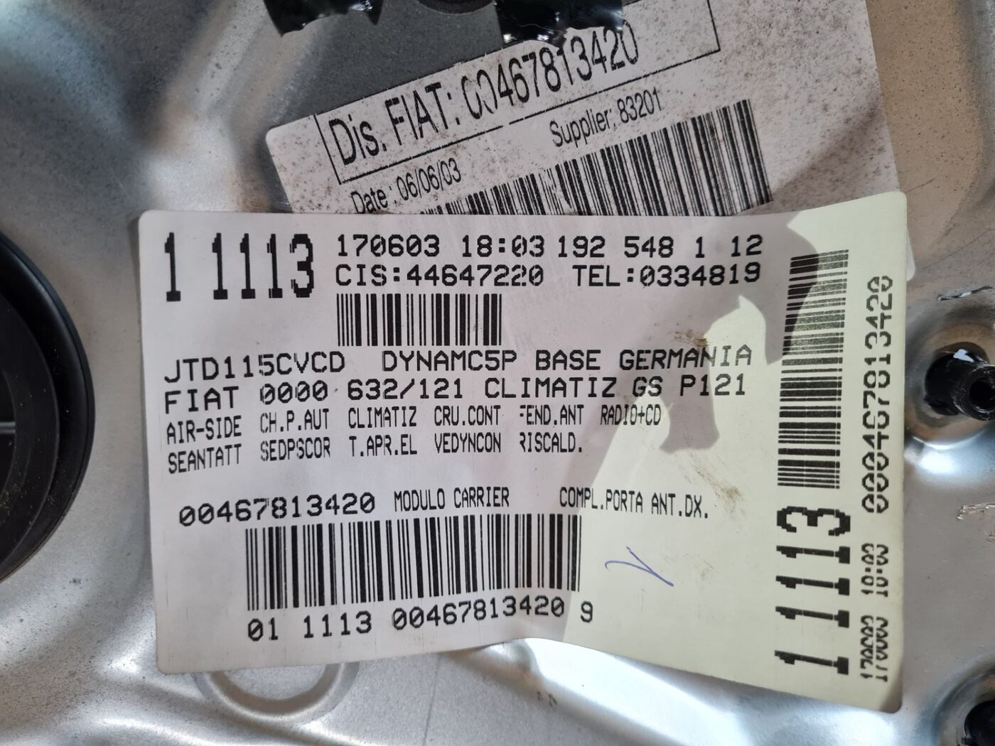 Stikla pacelšanas mehānisma panele priekš FIAT STILO 2003